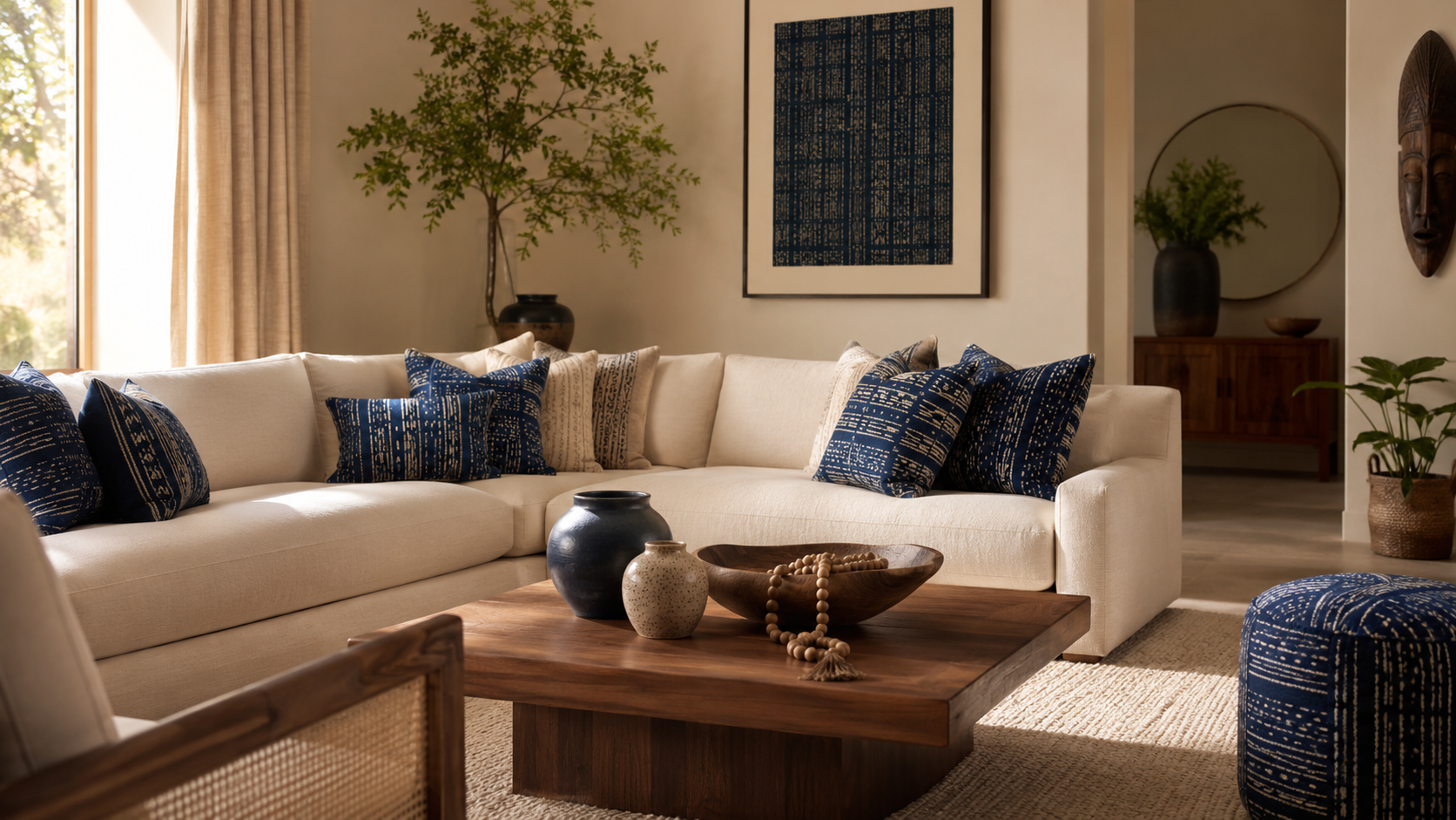 Neutral cream living room styled with indigo Adire accent pillows, walnut furniture and woven rug